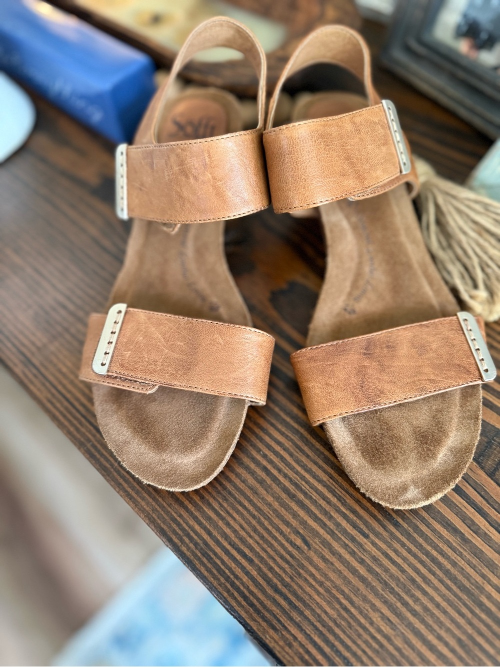 Sofft Tan Leather Wedge Sandals - Picture 8 of 10